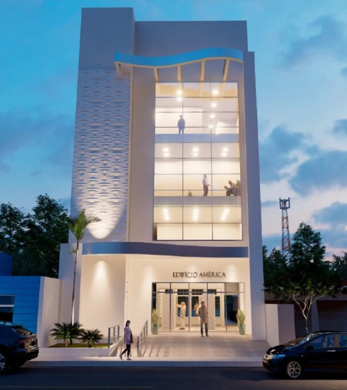 Edifício América, fachada comercial ao entardecer