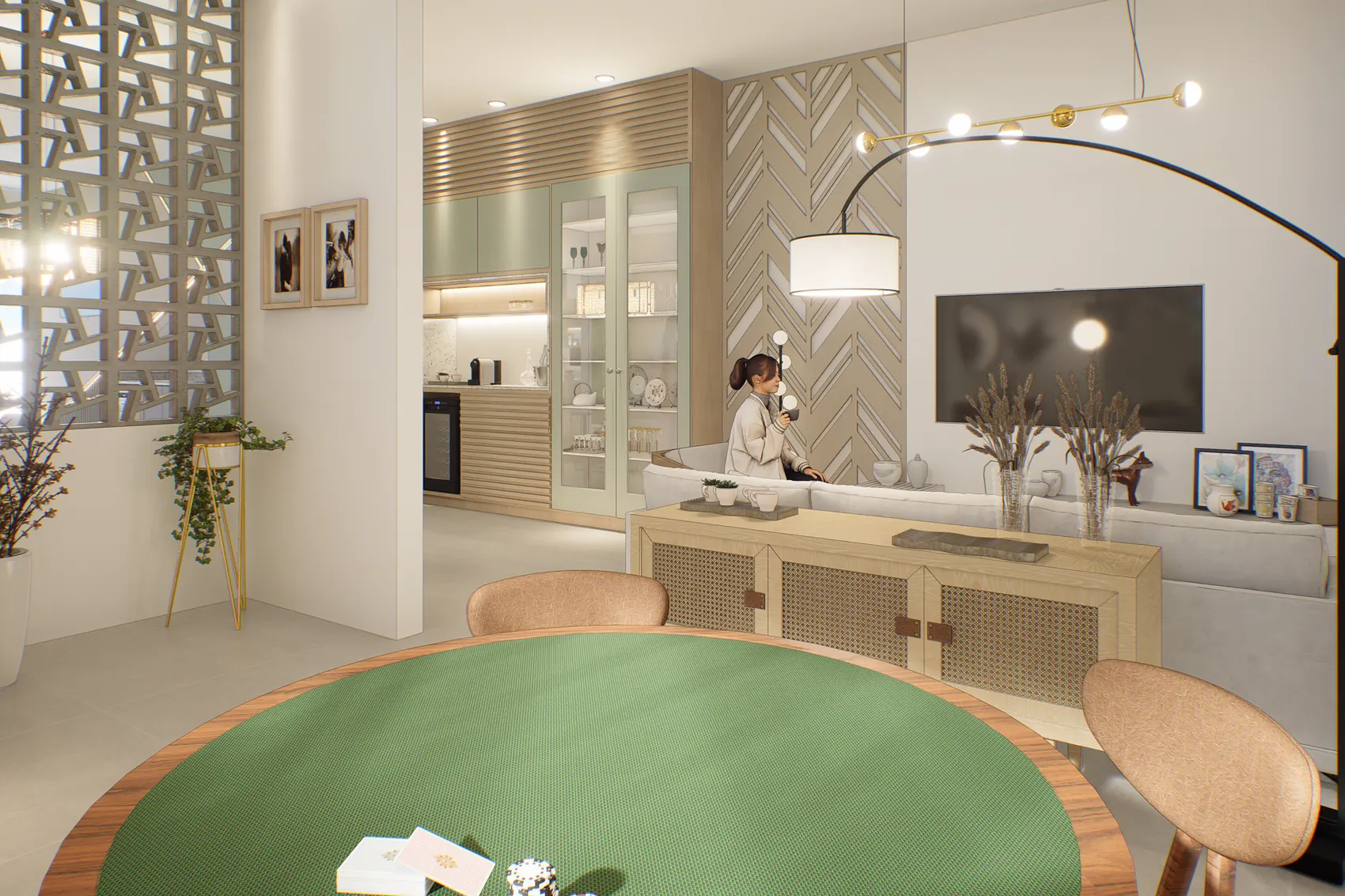 Sala de jogos com mesa verde e bar