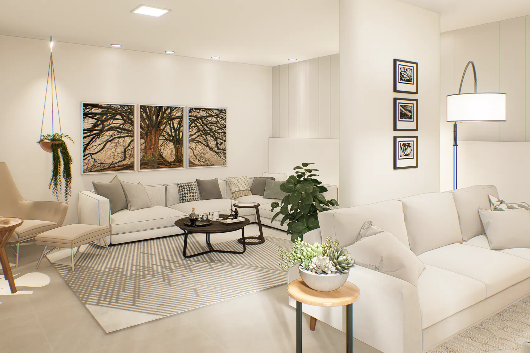 Living com sofás e quadros botânicos