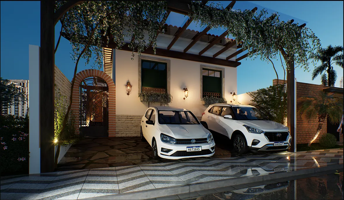 Casa com pergolado e garagem, à noite