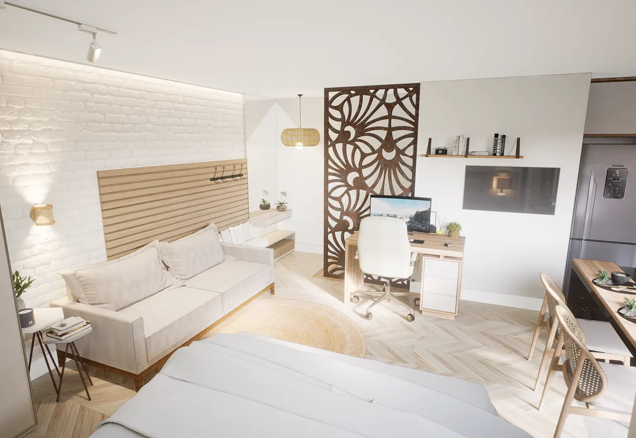 Quarto com home office e painel vazado